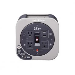 Link2Home 25 ft. 16/3 Extension Cord Storage Reel with 3 Grounded Outlets 2 USB 3.4 Amp and Overload Reset Button -Extension Cords Sales Store link2home extension cord reels em el 275g fa 1000