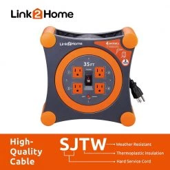 Link2Home 35 ft. 14/3 Extension Cord Storage Reel with 4 Grounded Outlets and Surge Protector -Extension Cords Sales Store link2home extension cord reels em el 350e 4f 1000