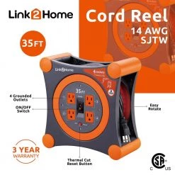 Link2Home 35 ft. 14/3 Extension Cord Storage Reel with 4 Grounded Outlets and Surge Protector -Extension Cords Sales Store link2home extension cord reels em el 350e c3 1000