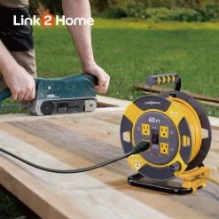 Link2Home 60 ft. 14/3 Extension Cord Storage Reel with 4 Grounded Outlets and Overload Circuit Breaker -Extension Cords Sales Store link2home extension cord reels em el 600 n 1d 1000