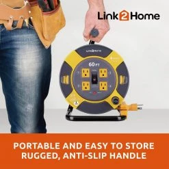 Link2Home 60 ft. 14/3 Extension Cord Storage Reel with 4 Grounded Outlets and Overload Circuit Breaker -Extension Cords Sales Store link2home extension cord reels em el 600 n 44 1000
