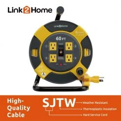 Link2Home 60 ft. 14/3 Extension Cord Storage Reel with 4 Grounded Outlets and Overload Circuit Breaker -Extension Cords Sales Store link2home extension cord reels em el 600 n 4f 1000