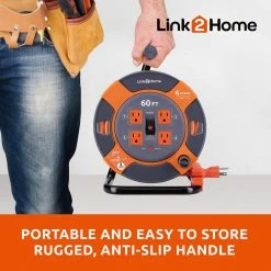 Link2Home 60 ft. 14/3 Extension Cord Storage Reel with 4 Grounded Outlets and Surge Protector -Extension Cords Sales Store link2home extension cord reels em el 600e 44 1000