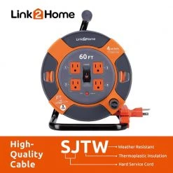 Link2Home 60 ft. 14/3 Extension Cord Storage Reel with 4 Grounded Outlets and Surge Protector -Extension Cords Sales Store link2home extension cord reels em el 600e 4f 1000