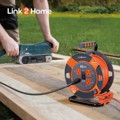 Link2Home 60 ft. 14/3 Extension Cord Storage Reel with 4 Grounded Outlets and Surge Protector -Extension Cords Sales Store link2home extension cord reels em el 600e 66 1000