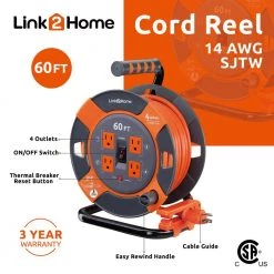 Link2Home 60 ft. 14/3 Extension Cord Storage Reel with 4 Grounded Outlets and Surge Protector -Extension Cords Sales Store link2home extension cord reels em el 600e c3 1000