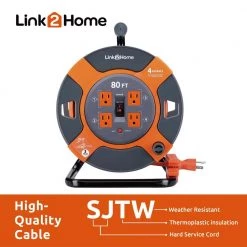 Link2Home 80 ft. 14/3 Extension Cord Storage Reel with 4 Grounded Outlets and Surge Protector -Extension Cords Sales Store link2home extension cord reels em el 800e 4f 1000