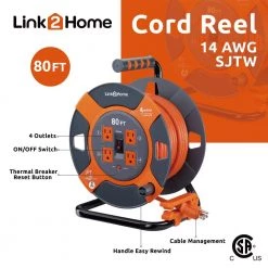 Link2Home 80 ft. 14/3 Extension Cord Storage Reel with 4 Grounded Outlets and Surge Protector -Extension Cords Sales Store link2home extension cord reels em el 800e c3 1000