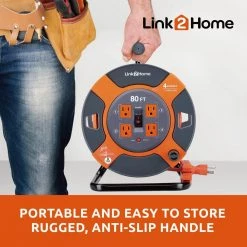 Link2Home 80 ft. 14/3 Extension Cord Storage Reel with 4 Grounded Outlets and Surge Protector -Extension Cords Sales Store link2home extension cord reels em el 800e fa 1000