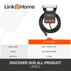 Link2Home Power Handle Extension Cord, 20 ft. 14 AWG, 2-Outlets 15 Amp, 2 USB Ports (3.1 Amp), Cord Management -Extension Cords Sales Store link2home extension cord reels em ph 2014e 1f 1000