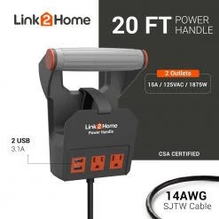Link2Home Power Handle Extension Cord, 20 ft. 14 AWG, 2-Outlets 15 Amp, 2 USB Ports (3.1 Amp), Cord Management -Extension Cords Sales Store link2home extension cord reels em ph 2014e 4f 1000