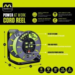 Masterplug 75 ft. 13 Amp 14 AWG Large Open Reel with USB Charging and 4-Sockets -Extension Cords Sales Store masterplug extension cord reels ola751314g4slu fa 1000