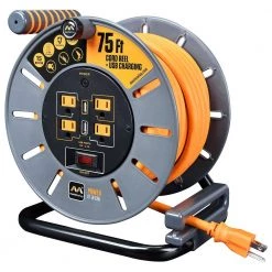 Masterplug 75 ft 15 Amp 12 AWG Large Open Reel with USB Charging and 4-Sockets 12 Masterplug 75 ft 15 Amp 12 AWG Large Open Reel with USB Charging and 4-Sockets -Extension Cords Sales Store masterplug extension cord reels olp751512g4slu 4f 1000