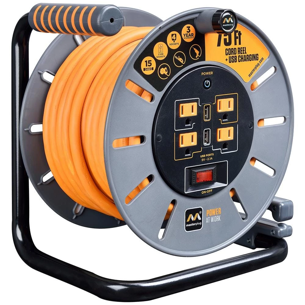 Masterplug 75 ft 15 Amp 12 AWG Large Open Reel with USB Charging and 4-Sockets 3 Masterplug 75 ft 15 Amp 12 AWG Large Open Reel with USB Charging and 4-Sockets