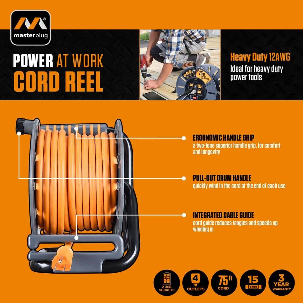 Masterplug 75 ft 15 Amp 12 AWG Large Open Reel with USB Charging and 4-Sockets 9 Masterplug 75 ft 15 Amp 12 AWG Large Open Reel with USB Charging and 4-Sockets - Image 7