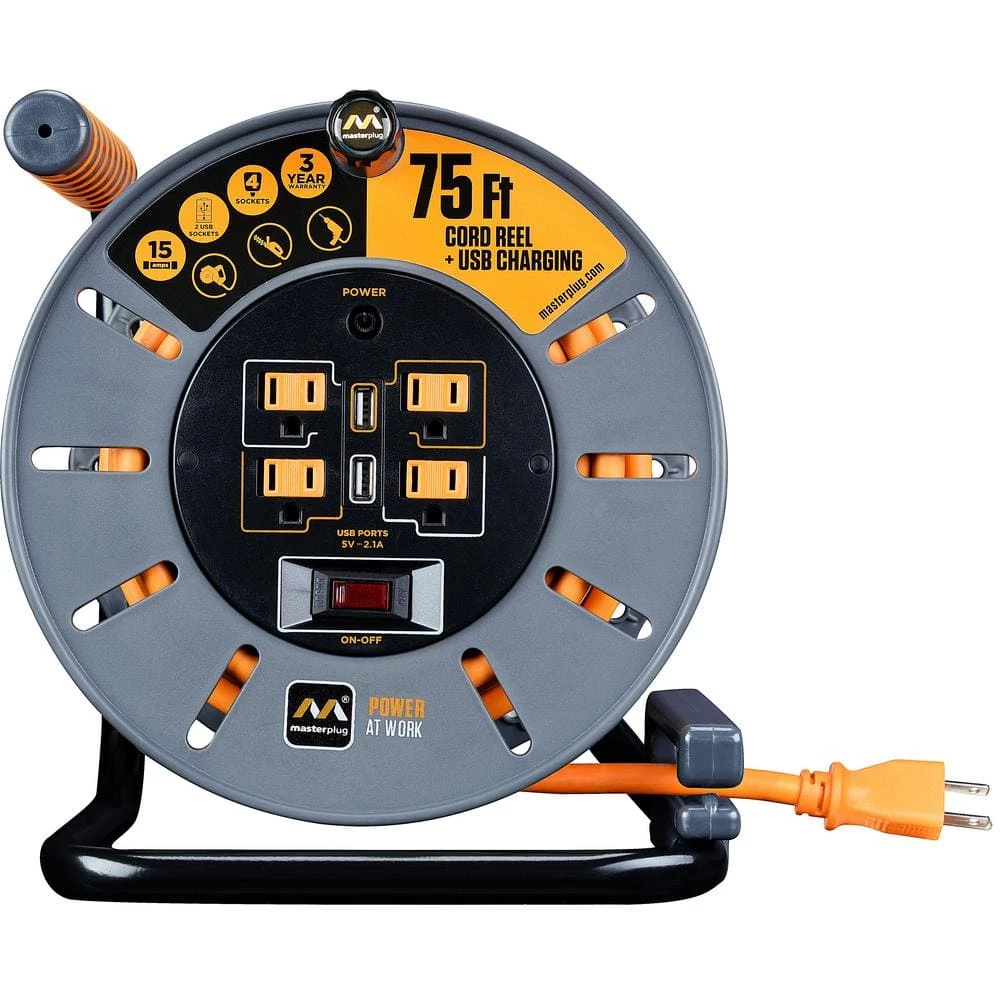 Masterplug 75 ft 15 Amp 12 AWG Large Open Reel with USB Charging and 4-Sockets 4 Masterplug 75 ft 15 Amp 12 AWG Large Open Reel with USB Charging and 4-Sockets - Image 2