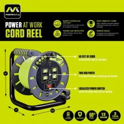 Masterplug 50 ft. 13 Amp 14 AWG Medium Open Reel with USB Charging and 4-Sockets -Extension Cords Sales Store masterplug extension cord reels oma501314g4slu fa 1000