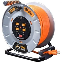 Masterplug 100 ft. 15 Amp 12 AWG Large Open Metal Reel with 4-Sockets -Extension Cords Sales Store masterplug extension cord reels otlp1001512g4sl 4f 1000