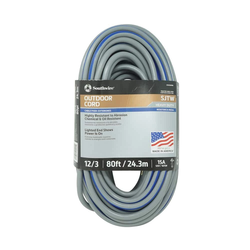 Southwire 80 ft. 12/3 SJTW Outdoor Heavy-Duty Extension Cord with Power Light Plug in Gray/Navy 3 Southwire 80 ft. 12/3 SJTW Outdoor Heavy-Duty Extension Cord with Power Light Plug in Gray/Navy