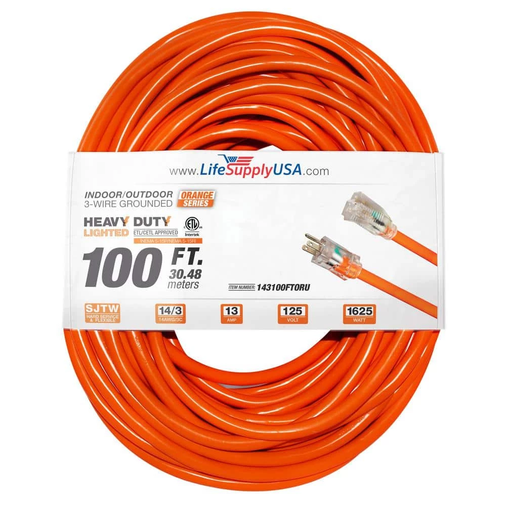 LifeSupplyUSA 100 ft. 14/3 SJTW 13 Amp 125-Volt 1625-Watt Orange Indoor/Outdoor Heavy-Duty with Lighted End Extension Cord 3 LifeSupplyUSA 100 ft. 14/3 SJTW 13 Amp 125-Volt 1625-Watt Orange Indoor/Outdoor Heavy-Duty with Lighted End Extension Cord