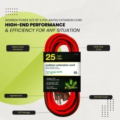 Power By Go Green 25 ft. 12/3 SJTW Extension Cord - Orange with Lighted Green End -Extension Cords Sales Store orange power by go green general purpose cords gg 14025 1f 1000