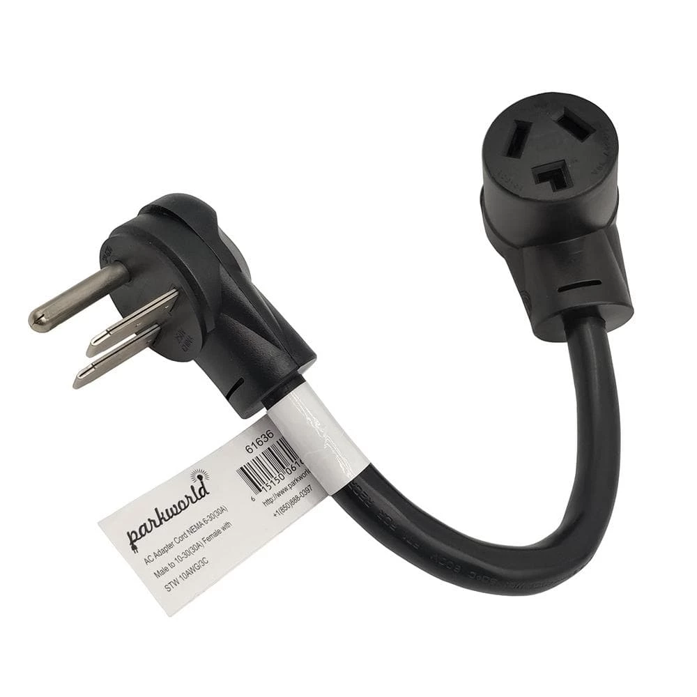 Parkworld 1 ft. 10/3 3-Wire 30 Amp 250-Volt 3-Prong NEMA 6-30P Plug to 10-30R Receptacle Adapter Cord(6-30P to 10-30R) 3 Parkworld 1 ft. 10/3 3-Wire 30 Amp 250-Volt 3-Prong NEMA 6-30P Plug to 10-30R Receptacle Adapter Cord(6-30P to 10-30R)