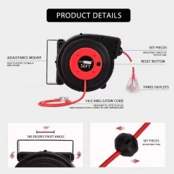 VIVOHOME 50 ft. Retractable Cord Reel with Ceiling Wall Mount Swivel Bracket and LED Light Connector -Extension Cords Sales Store vivohome extension cord reels x0026nt3p3 1f 1000