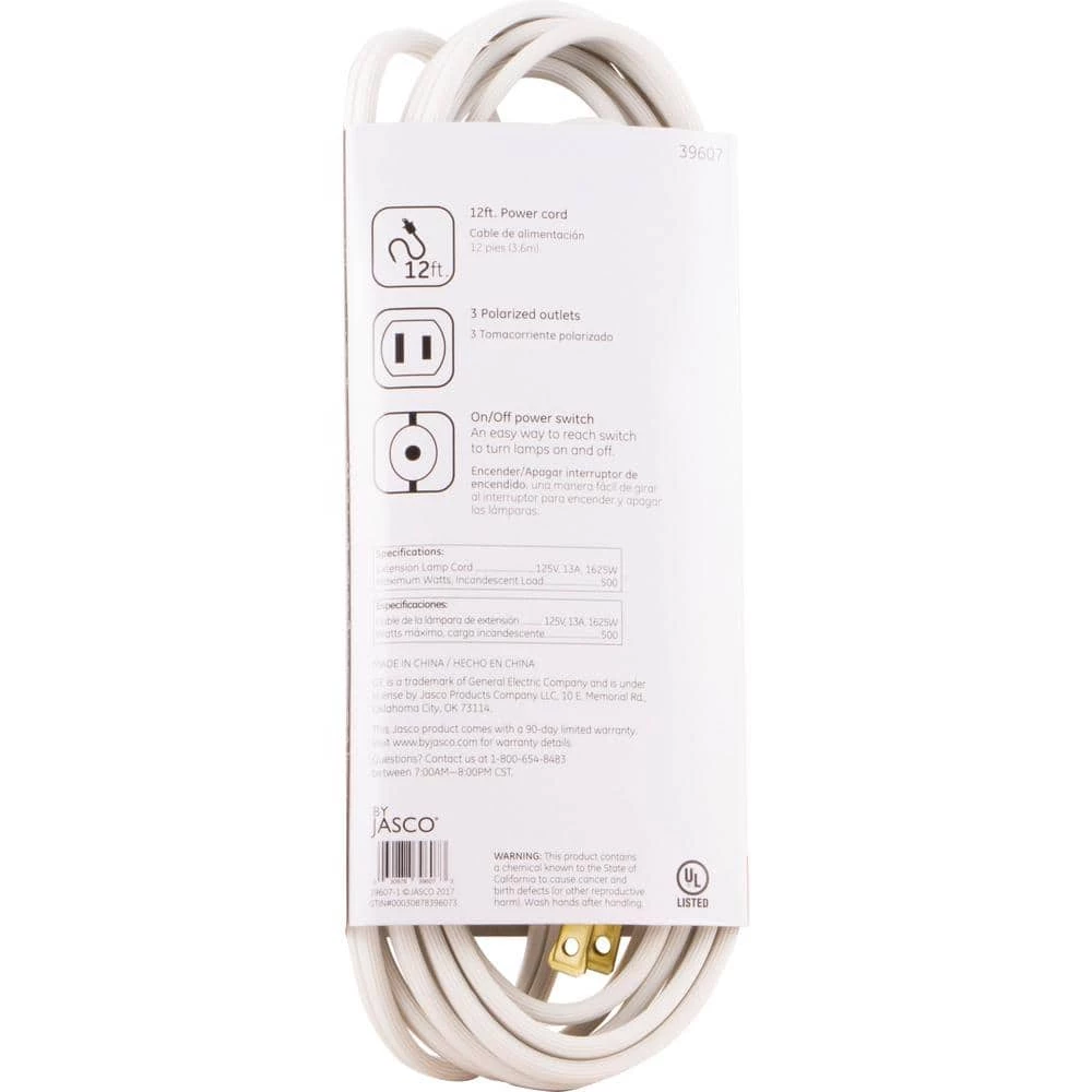 GE 12 ft. 16/3 3-Outlet Polarized Extension Cord with Power Switch, White 8 GE 12 ft. 16/3 3-Outlet Polarized Extension Cord with Power Switch, White - Image 6