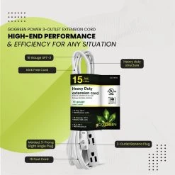 Power By Go Green 15 ft. 16/3 SPT-2, 3 Outlet Extension Cord - White -Extension Cords Sales Store white power by go green general purpose cords gg 19615 1f 1000