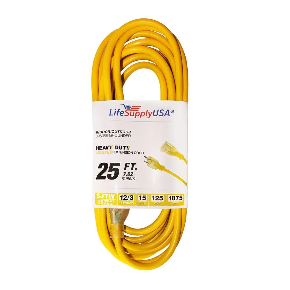 LifeSupplyUSA 25 ft. Heavy-Duty 3 Prong Oil Resistant Light End Indoor/Outdoor 12/3 SJTW 15 Amp 300-Volt 1875-Watt Extension Cord 3 LifeSupplyUSA 25 ft. Heavy-Duty 3 Prong Oil Resistant Light End Indoor/Outdoor 12/3 SJTW 15 Amp 300-Volt 1875-Watt Extension Cord