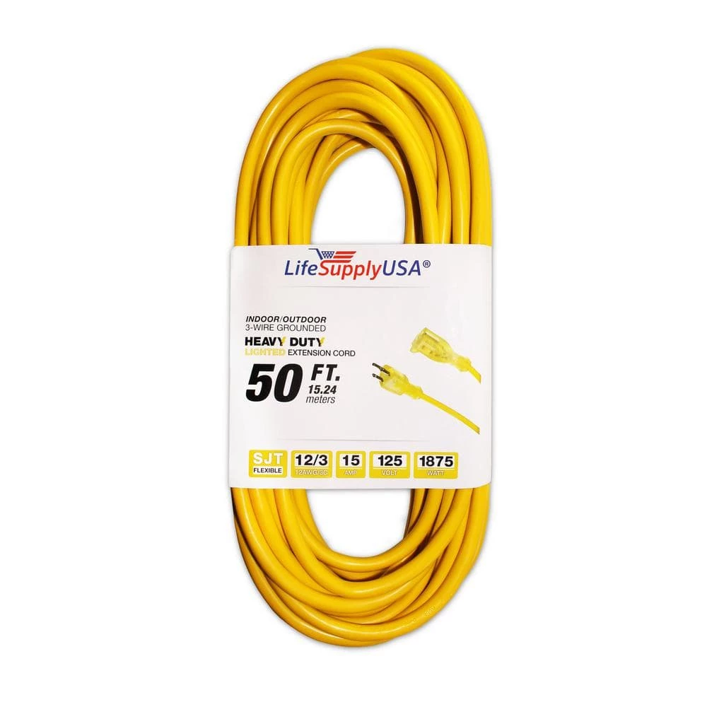 LifeSupplyUSA 50 ft. Heavy-Duty 3 Prong Oil Resistant Light End Indoor/Outdoor 12/3 SJTW 15 Amp 300-Volt 1875-Watt Extension Cord 3 LifeSupplyUSA 50 ft. Heavy-Duty 3 Prong Oil Resistant Light End Indoor/Outdoor 12/3 SJTW 15 Amp 300-Volt 1875-Watt Extension Cord