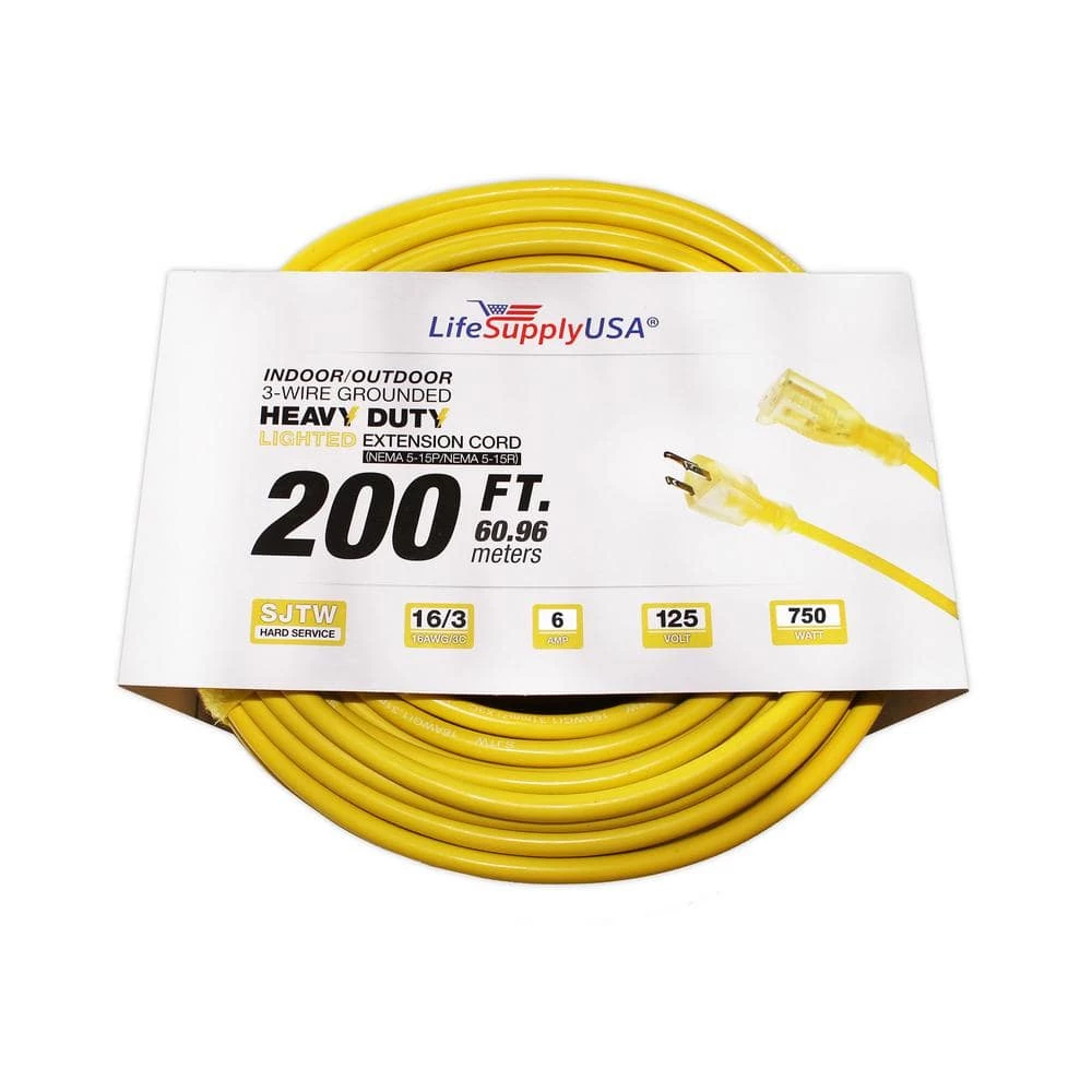 LifeSupplyUSA 200 ft. 16/3 SJT 6 Amp 125-Volt 750-Watt Lighted End Indoor/Outdoor Heavy-Duty Extension Cord 3 LifeSupplyUSA 200 ft. 16/3 SJT 6 Amp 125-Volt 750-Watt Lighted End Indoor/Outdoor Heavy-Duty Extension Cord