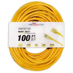 LifeSupplyUSA 100 ft. 10/3 SJTW Lighted End Extension Cord, 15 Amp, 125-Volt, 1875-Watt, Super Heavy-Duty Outdoor Jacket (2-Pack)